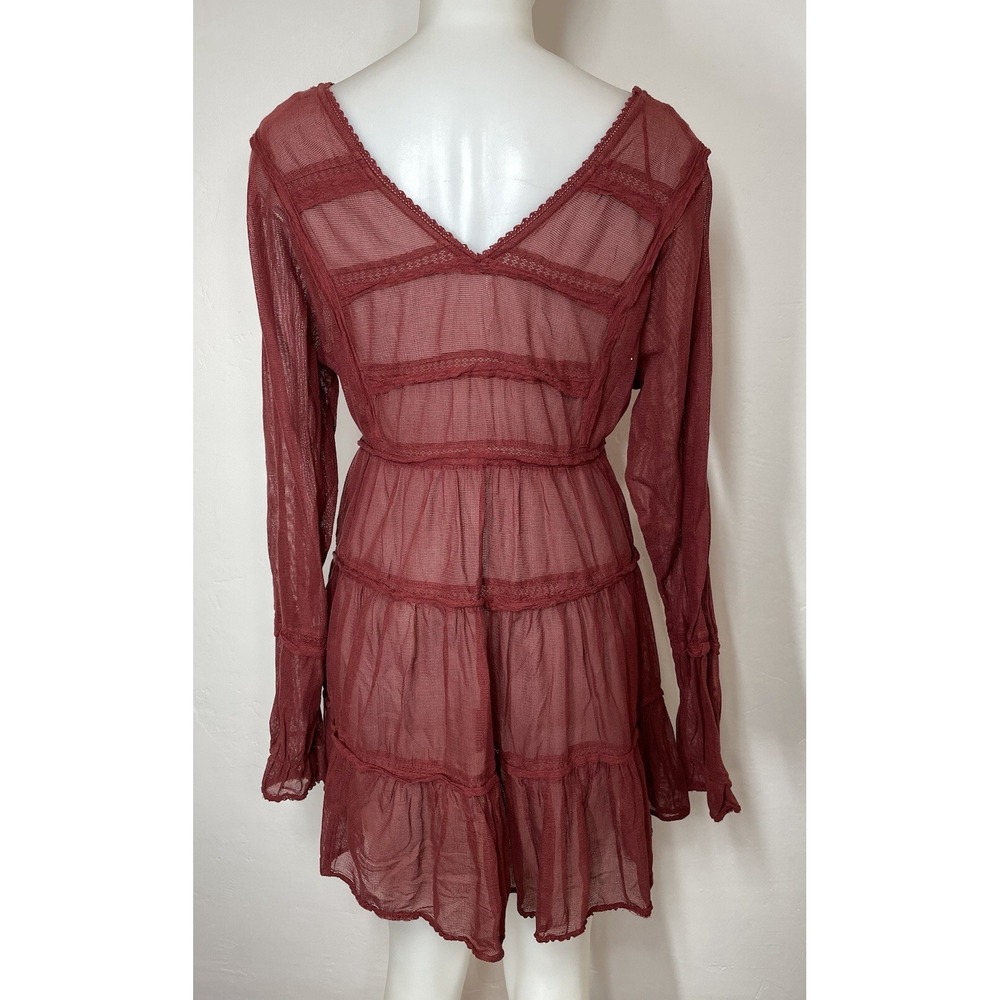 Free People Mesh Tiered Dress SZ S Berlin Maroon Long Sleeves (No Slip - Picture 6 of 8